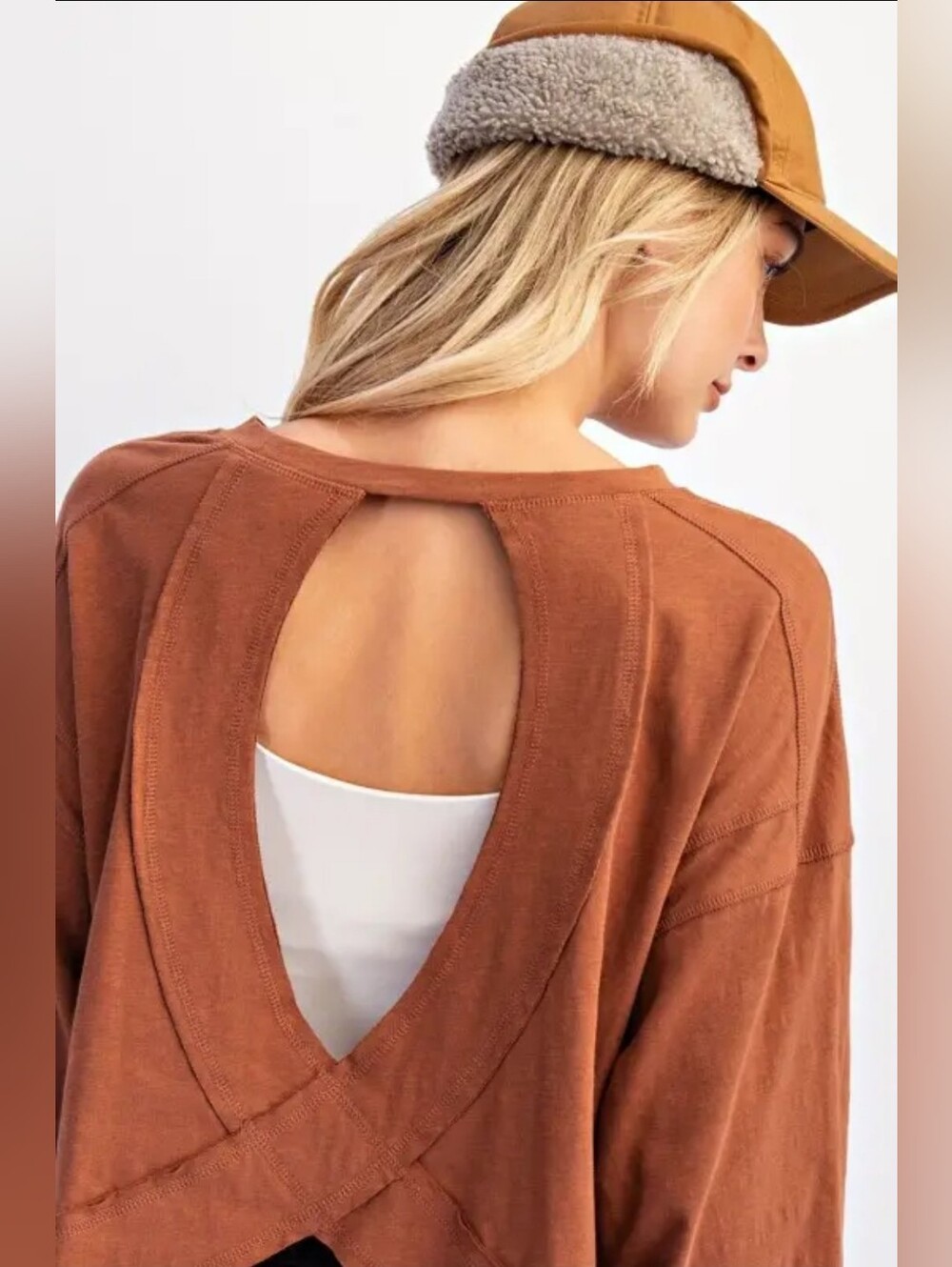 Open-Back Long Sleeve Sweatshirt in Rust Brown